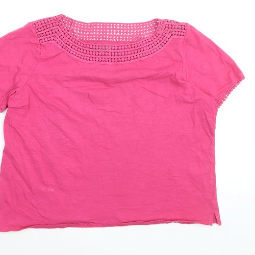 Laura Ashley Women's Pink Cotton Crochet Neck Short Sleeve Top Size 16