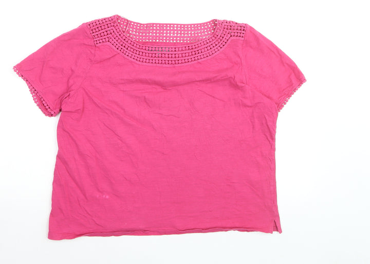 Laura Ashley Women's Pink Cotton Crochet Neck Short Sleeve Top Size 16