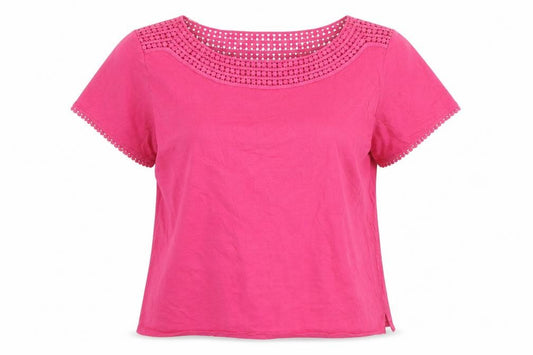 Front view of Laura Ashley Women's Pink Cotton Crochet Neck Short Sleeve Top, size 16