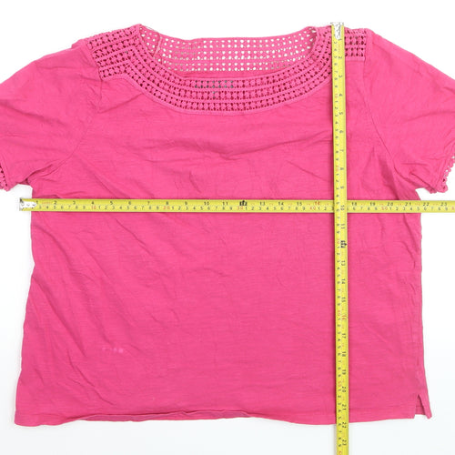 Laura Ashley Women's Pink Cotton Crochet Neck Short Sleeve Top Size 16