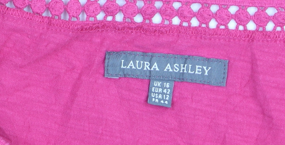 Laura Ashley Women's Pink Cotton Crochet Neck Short Sleeve Top Size 16