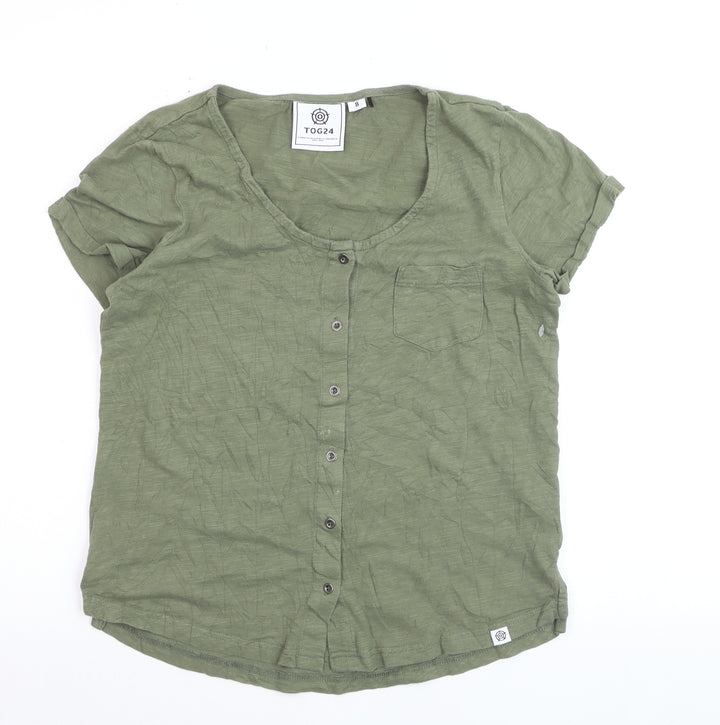 TOG24 Women's Green Button-Up Short Sleeve Cotton Top Size 8