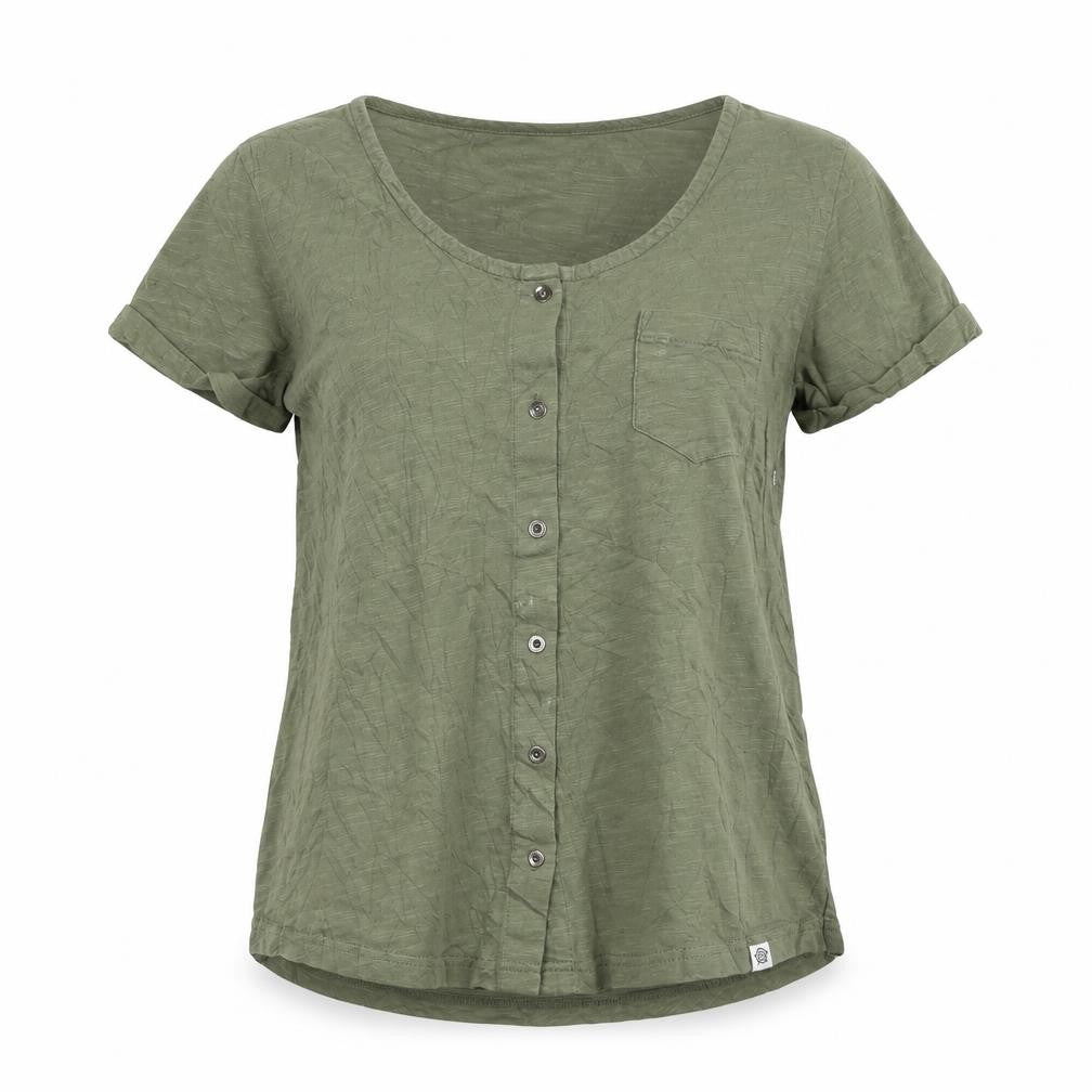 Front view of TOG24 Women's Green Button-Up Short Sleeve Cotton Top, size 8