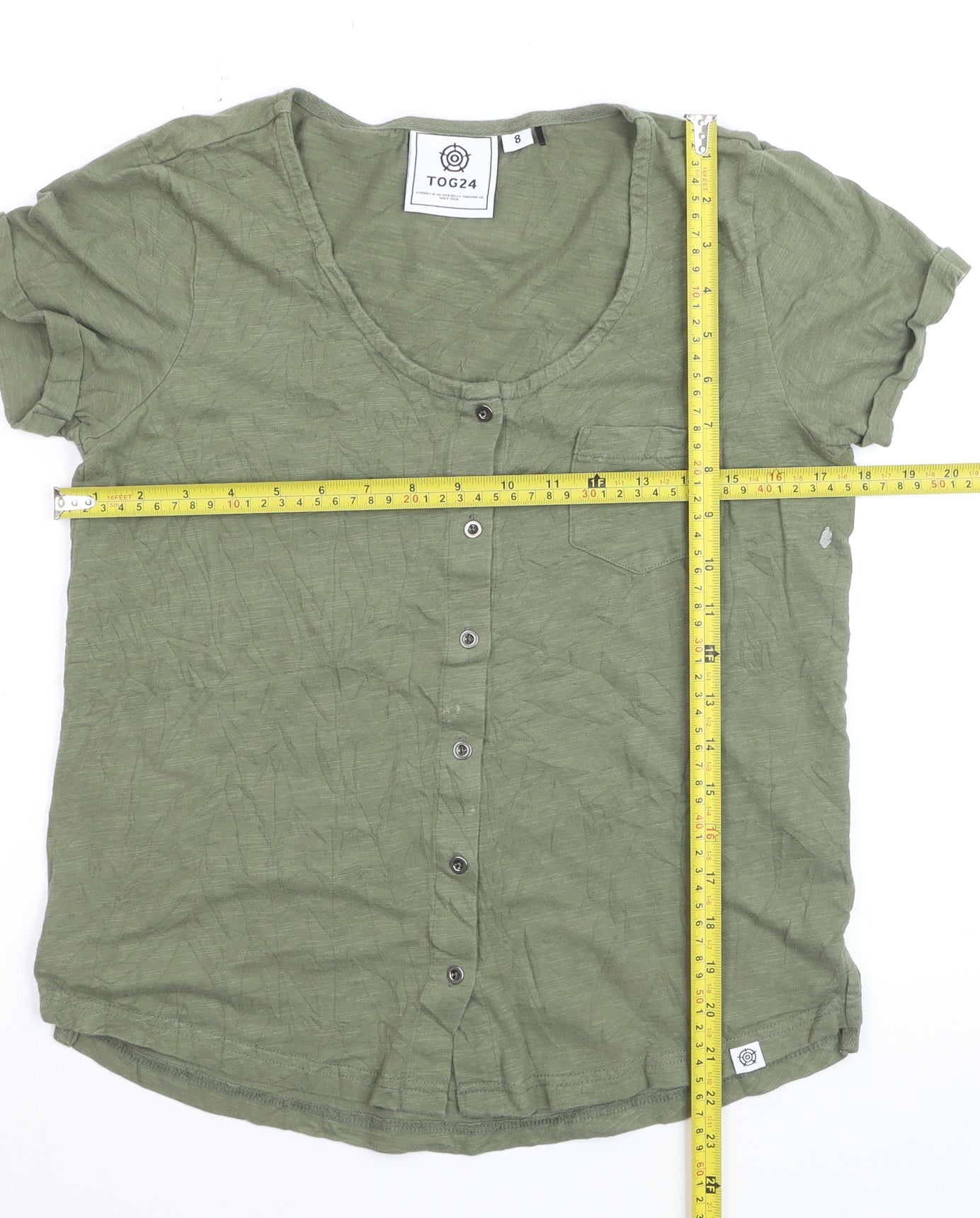 TOG24 Women's Green Button-Up Short Sleeve Cotton Top Size 8
