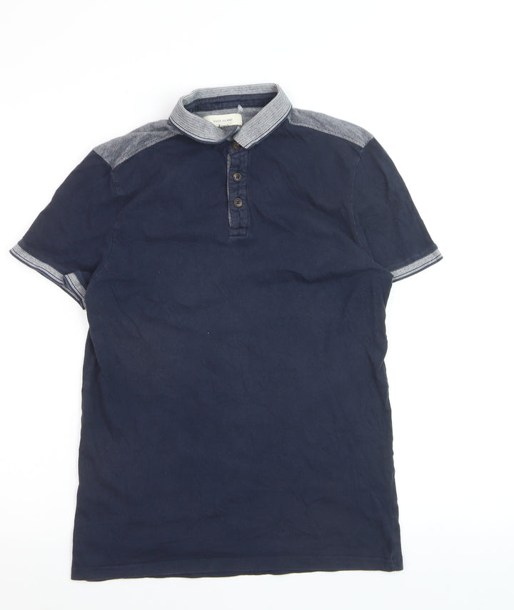 River Island Men's Navy Polo Shirt S 100% Cotton Short Sleeve