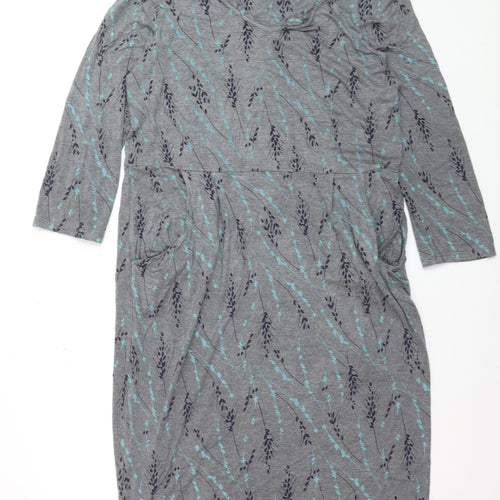 White Stuff Women Grey Floral Jersey Shift Dress Size 16 3/4 Sleeve