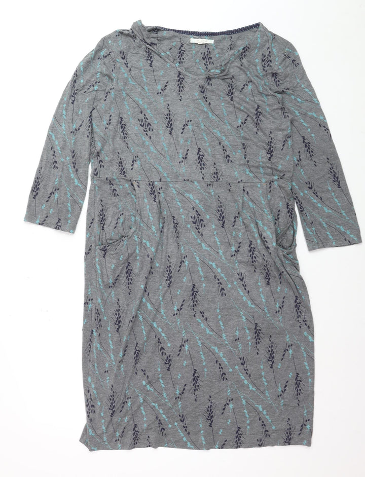 White Stuff Women Grey Floral Jersey Shift Dress Size 16 3/4 Sleeve