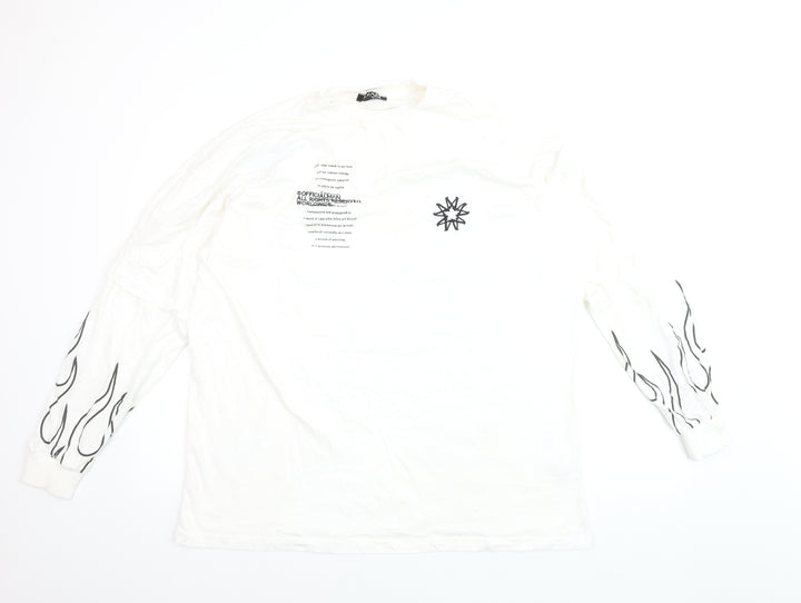 boohooMAN Men's White Long Sleeve Graphic Flame Top Size M