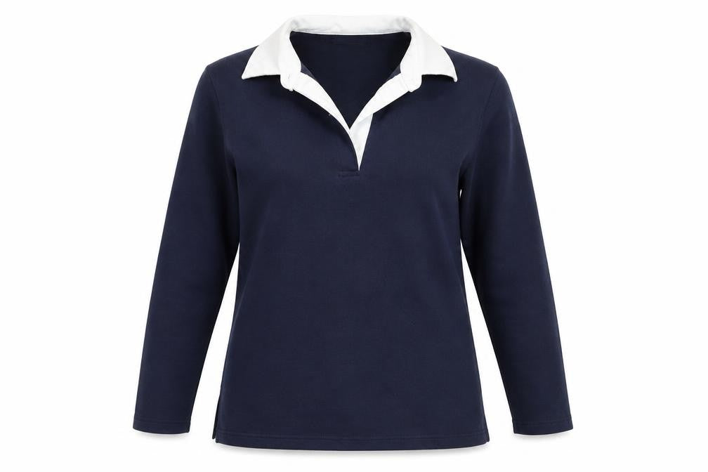 Front view of Fabrizio Women's Blue Collared Henley Long Sleeve Jumper, size S
