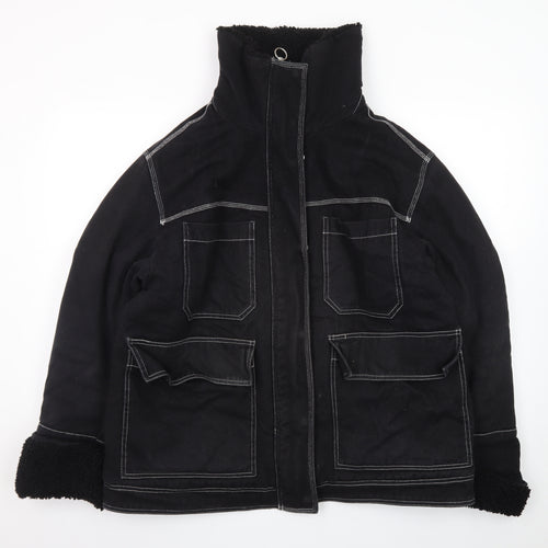 Topshop Womens Black Cotton Utility Jacket Size 14 Lined Zip Pockets