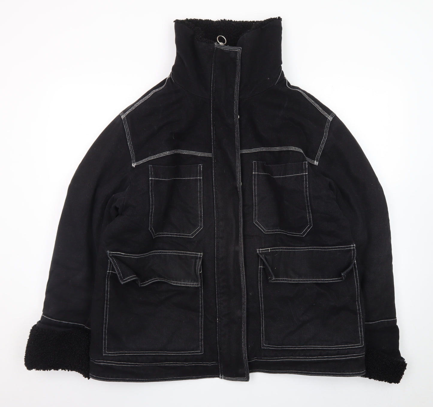 Topshop Womens Black Cotton Utility Jacket Size 14 Lined Zip Pockets