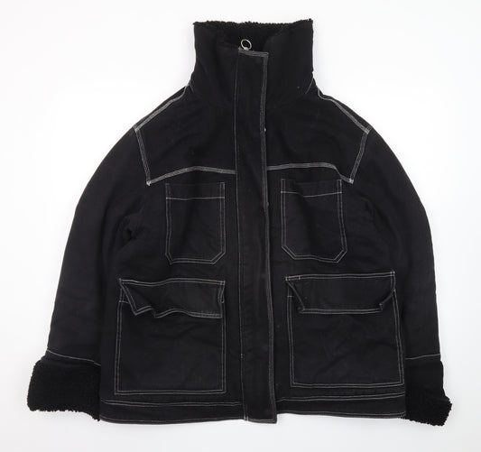 Topshop Womens Black Cotton Utility Jacket Size 14 Lined Zip Pockets