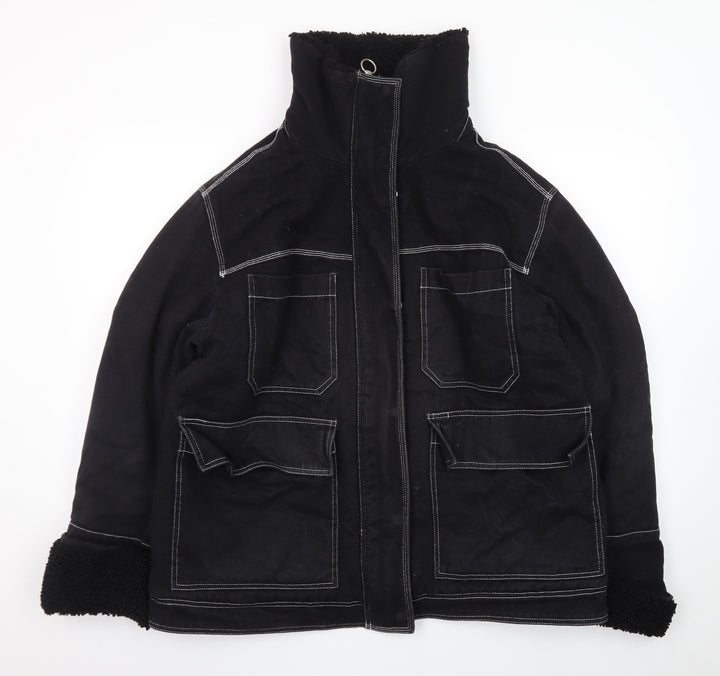Topshop Womens Black Cotton Utility Jacket Size 14 Lined Zip Pockets