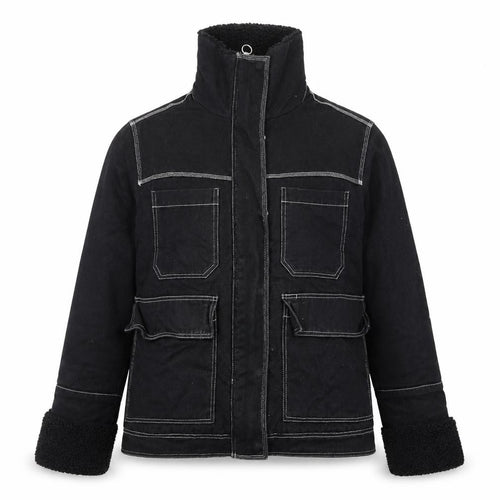 Topshop Womens Black Cotton Utility Jacket Size 14 Lined Zip Pockets