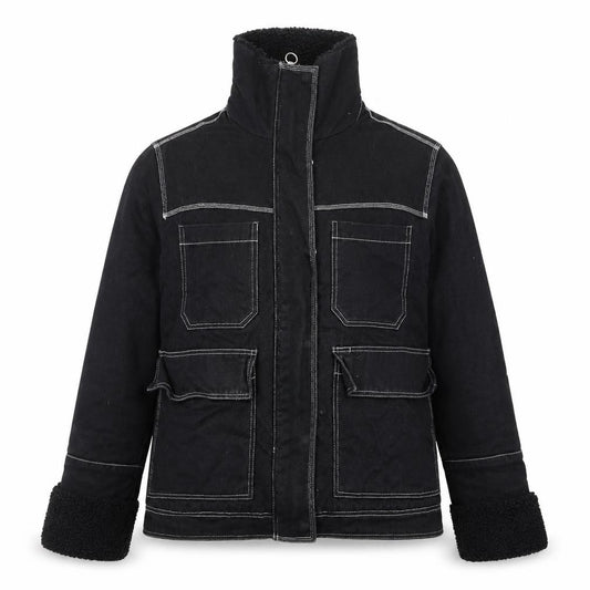 Front view of Topshop women’s black cotton utility jacket, size UK 14, lined zip pockets