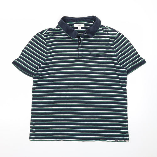 Marks and Spencer Men's Blue Striped Cotton Polo Shirt L