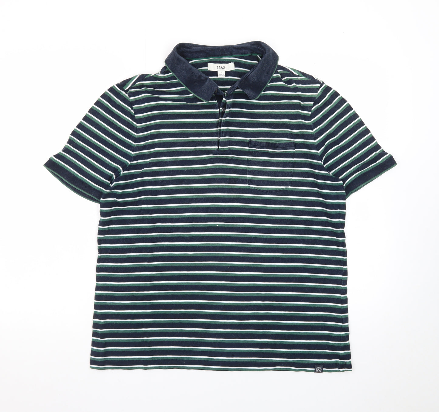 Marks and Spencer Men's Blue Striped Cotton Polo Shirt L