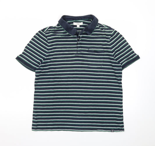 Marks and Spencer Men's Blue Striped Cotton Polo Shirt L