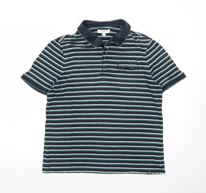 Marks and Spencer Men's Blue Striped Cotton Polo Shirt L