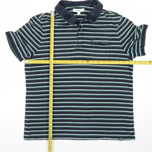 Marks and Spencer Men's Blue Striped Cotton Polo Shirt L