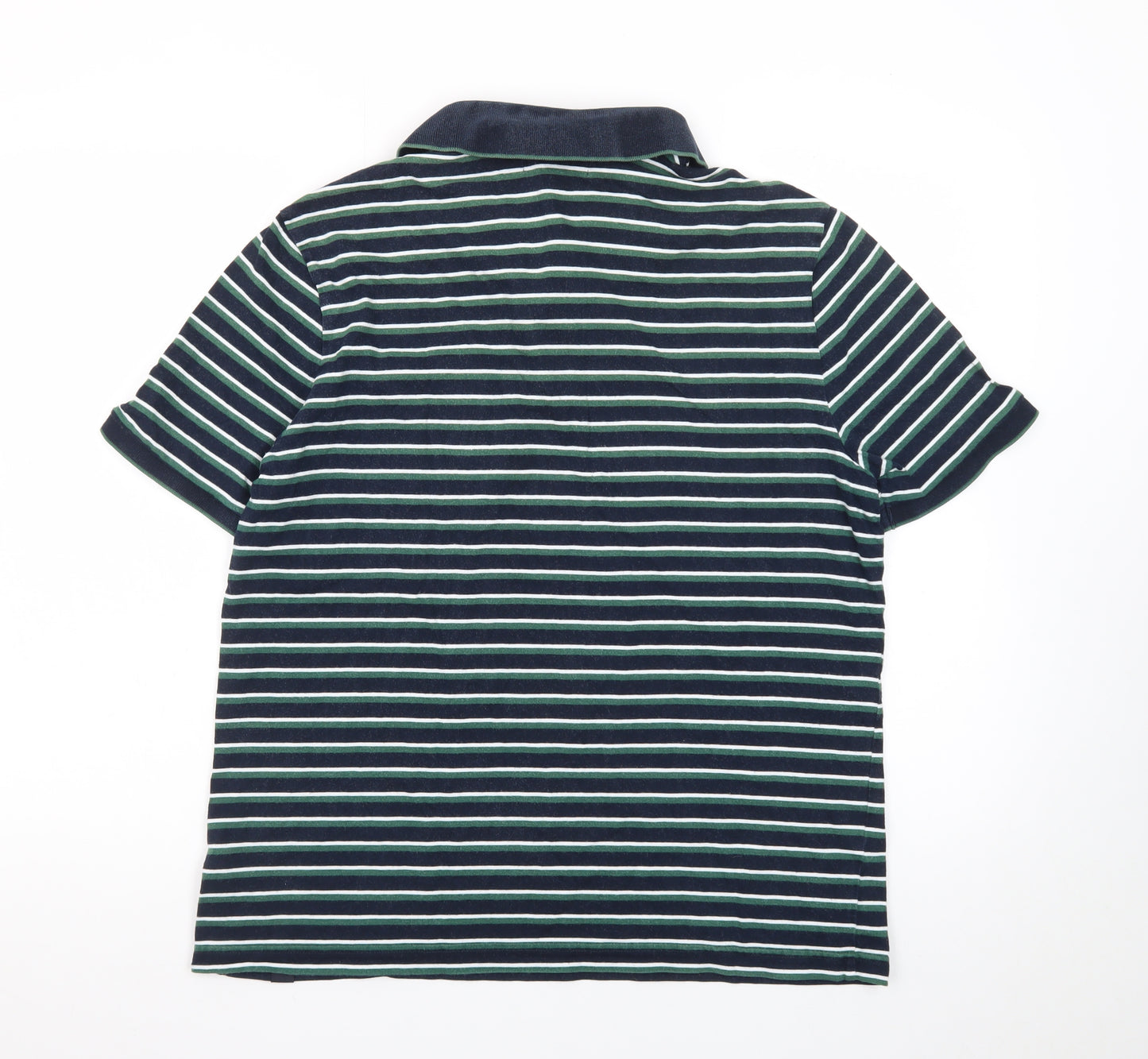 Marks and Spencer Men's Blue Striped Cotton Polo Shirt L