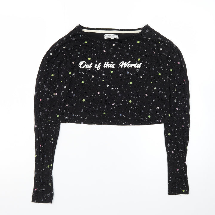 Brave Soul Women's Black Space Print Cropped Long Sleeve T-Shirt Size S
