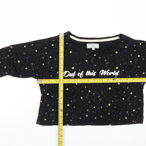 Brave Soul Women's Black Space Print Cropped Long Sleeve T-Shirt Size S