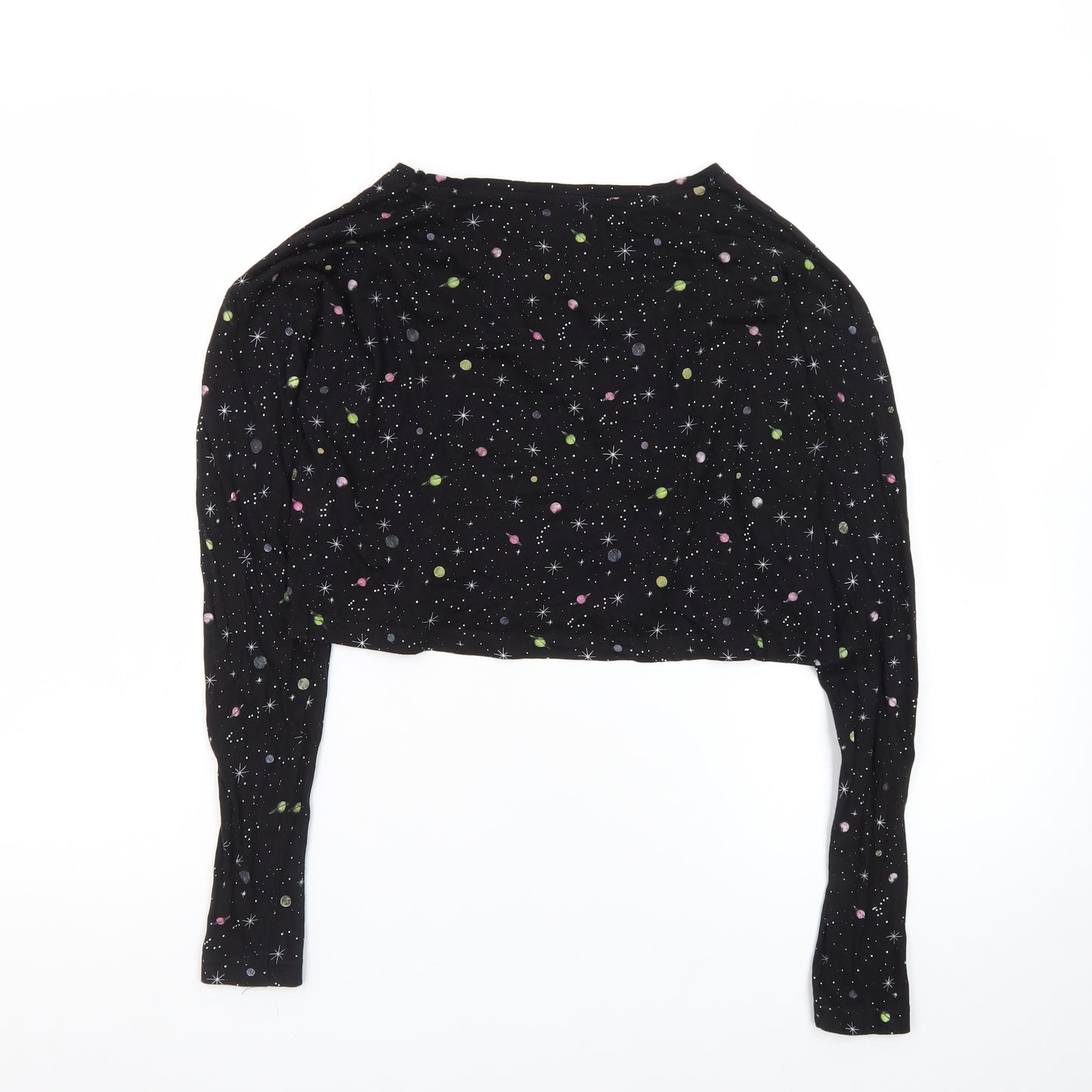 Brave Soul Women's Black Space Print Cropped Long Sleeve T-Shirt Size S