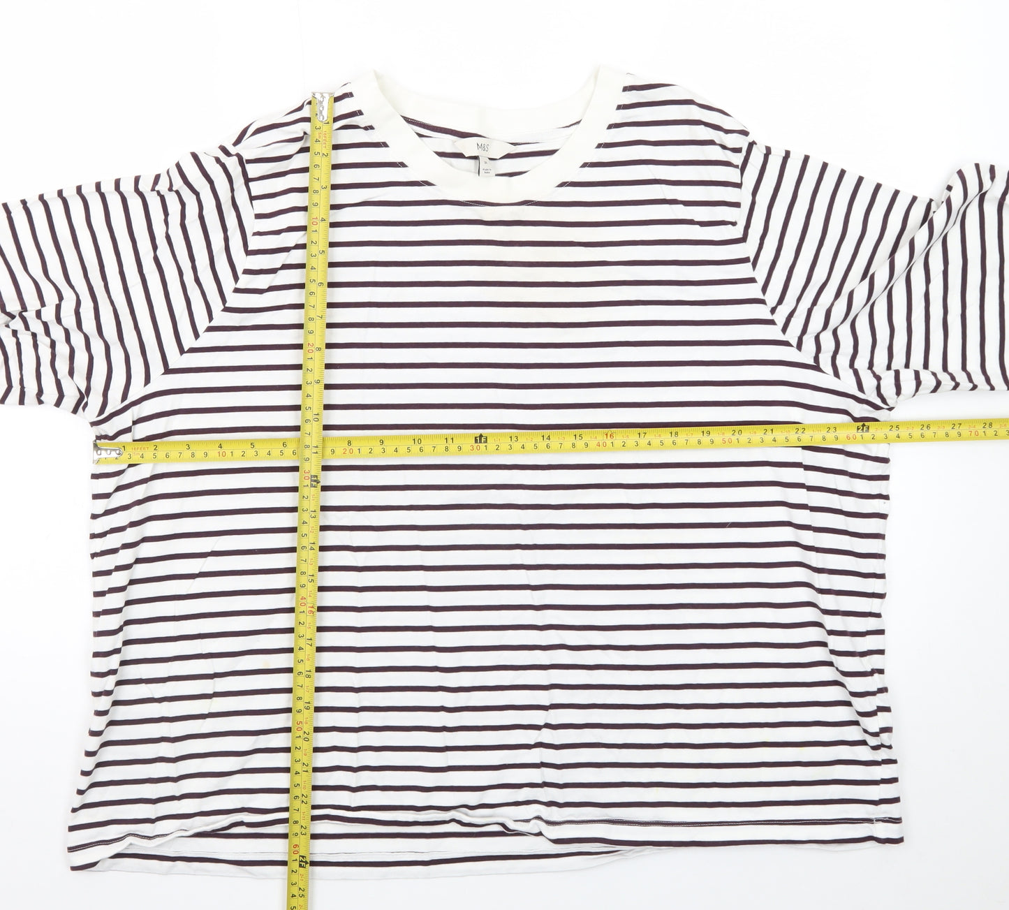 Marks and Spencer Women's White Striped Long Sleeve T-Shirt Size 24