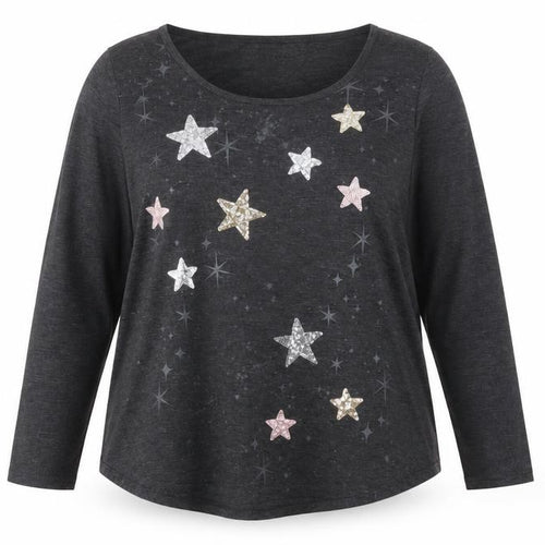Style & Co Women’s Grey Sequin Star Long Sleeve T-Shirt Size 18 Plus