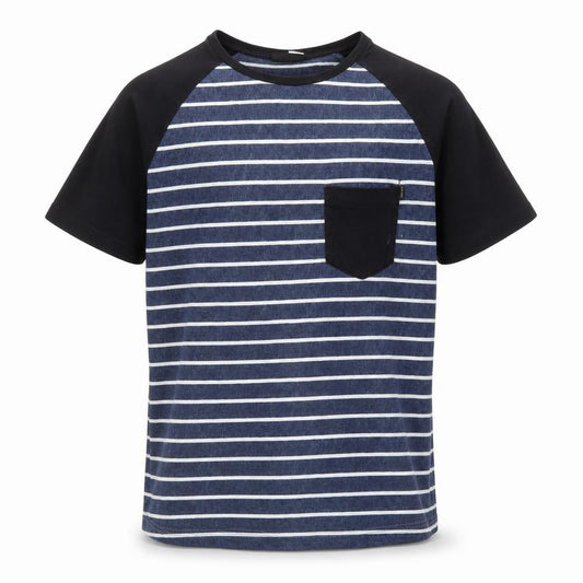 Front view of Rip Curl Men’s Blue Striped Short Sleeve Crew Neck T-Shirt, size M