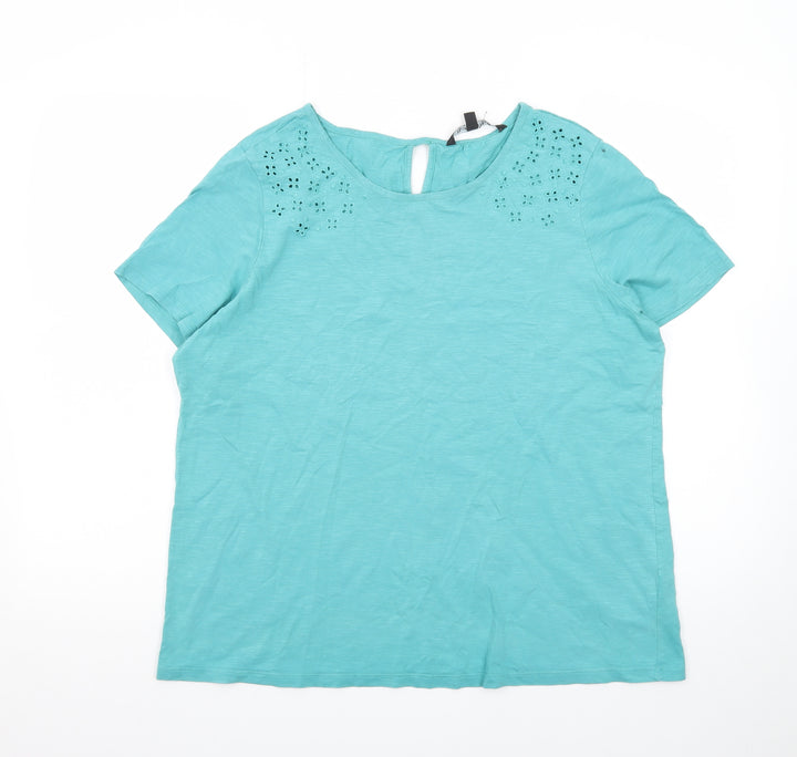 Bonmarché Women's Blue Cotton Embroidered Short Sleeve T-Shirt Size 14