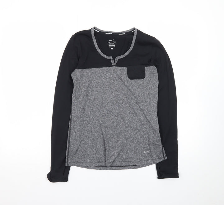 Nike Men's Grey Black Dri-FIT Long Sleeve Running Top Size S