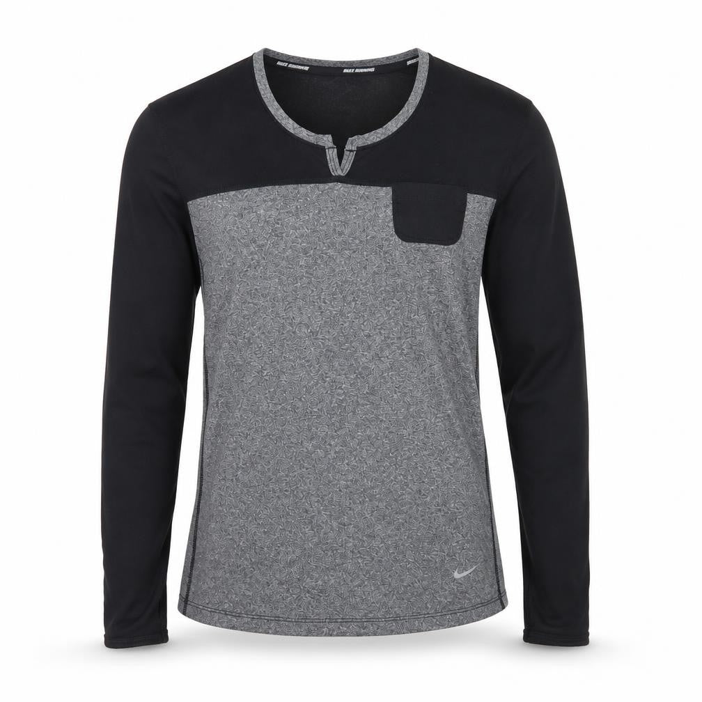 Front view of Nike Men's Grey Black Dri-FIT Long Sleeve Running Top, size S