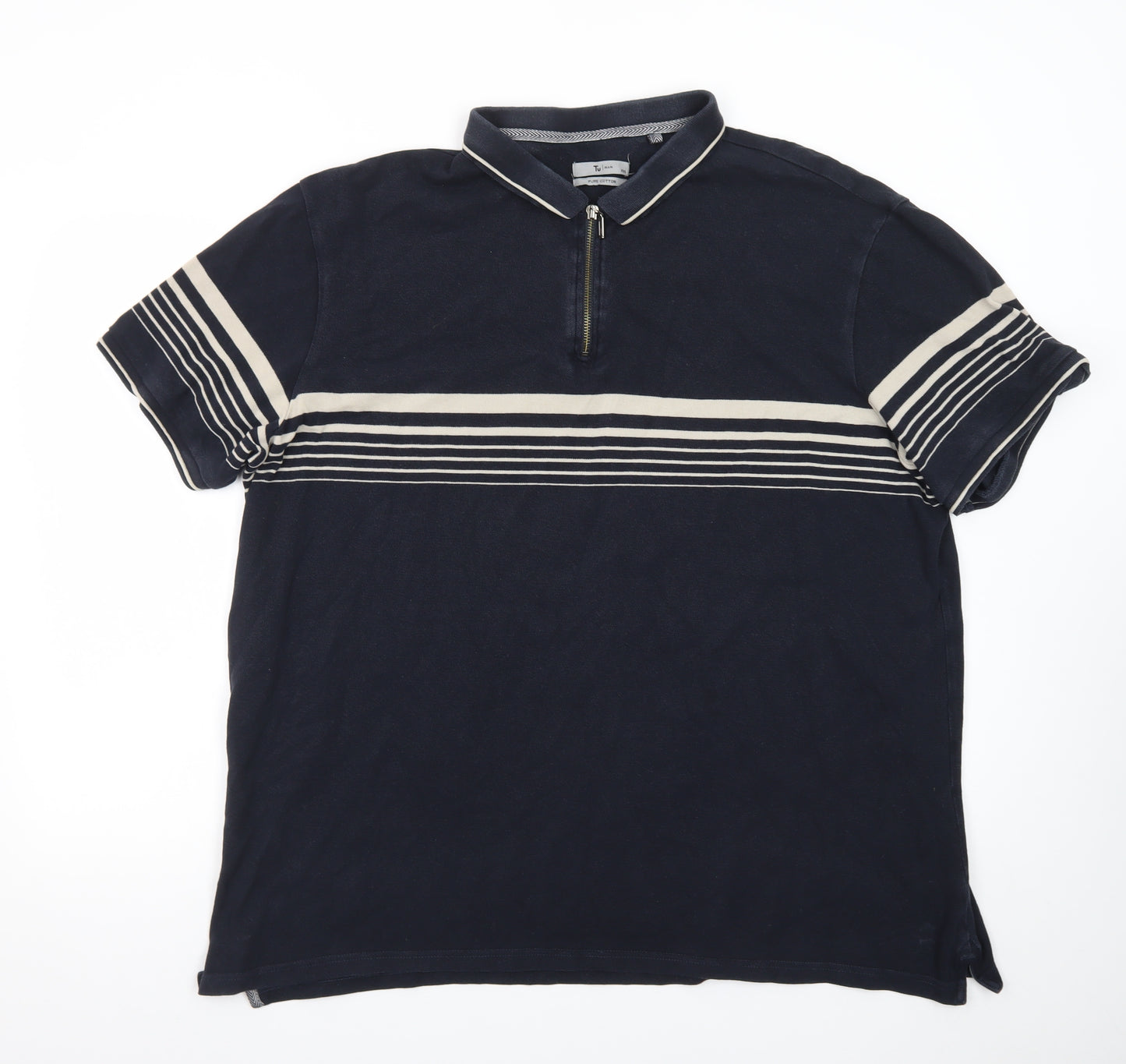 Tu Men Blue Striped 1/4 Zip Cotton Polo Shirt Size 2XL