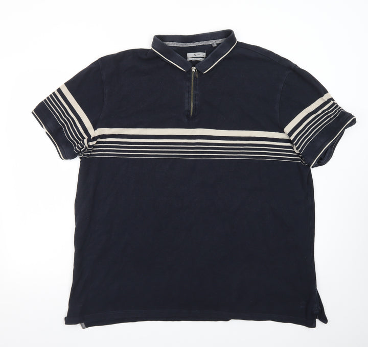 Tu Men Blue Striped 1/4 Zip Cotton Polo Shirt Size 2XL