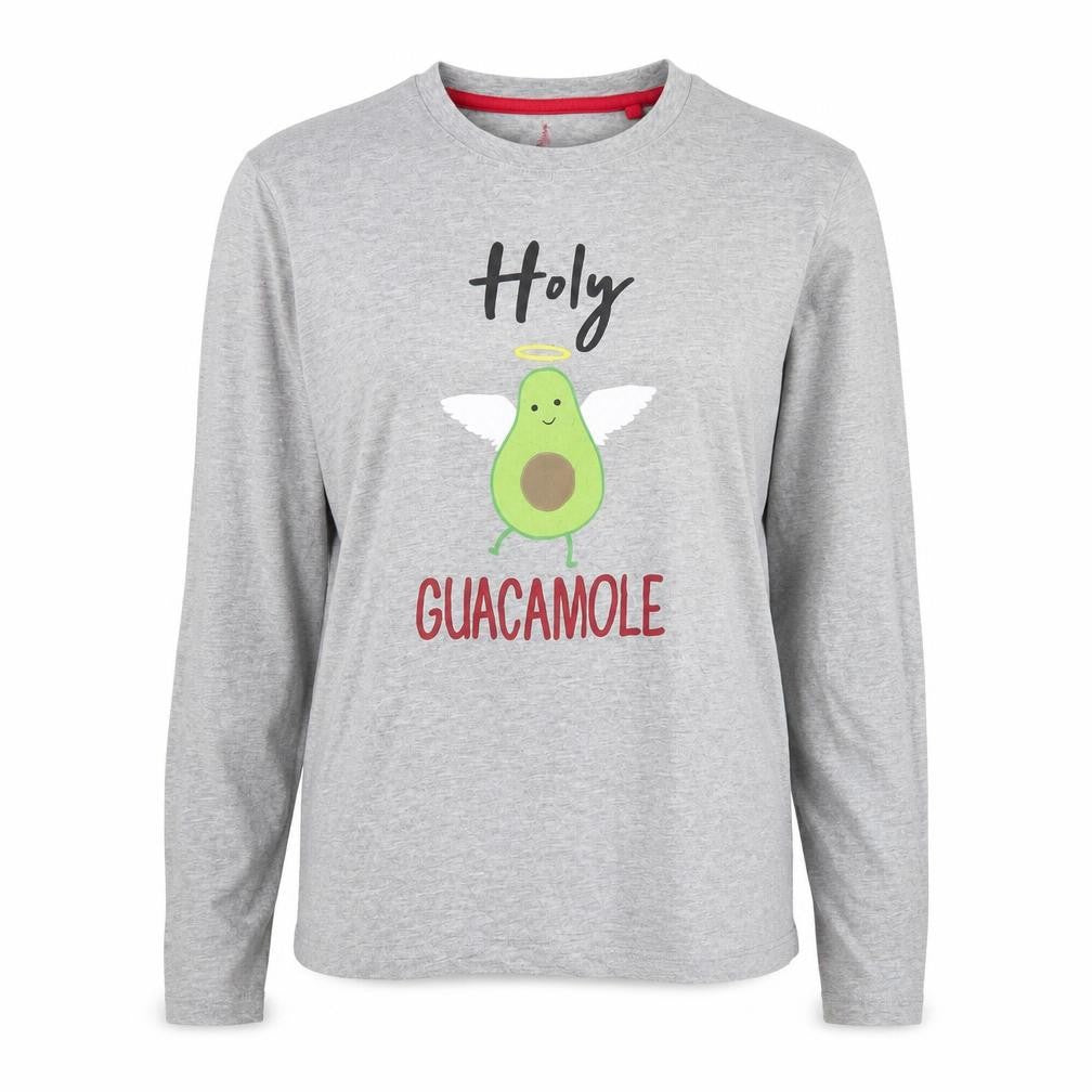 Front view of Threadbare Women’s Grey Long Sleeve Funny Avocado T-Shirt, size UK 10