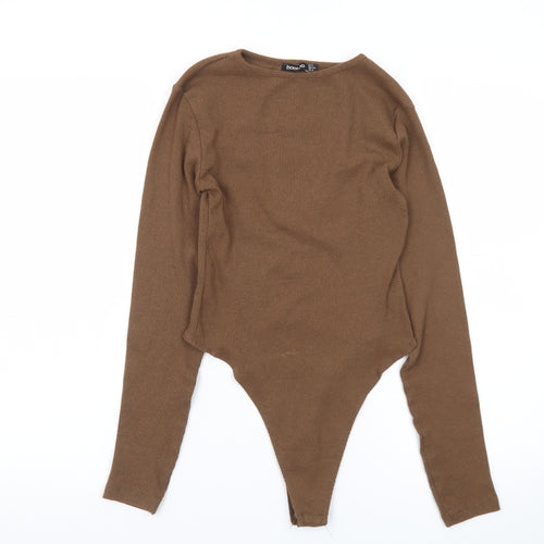 Boohoo Women Brown Long Sleeve Bodysuit UK 6 Slim Fit Cotton Jersey