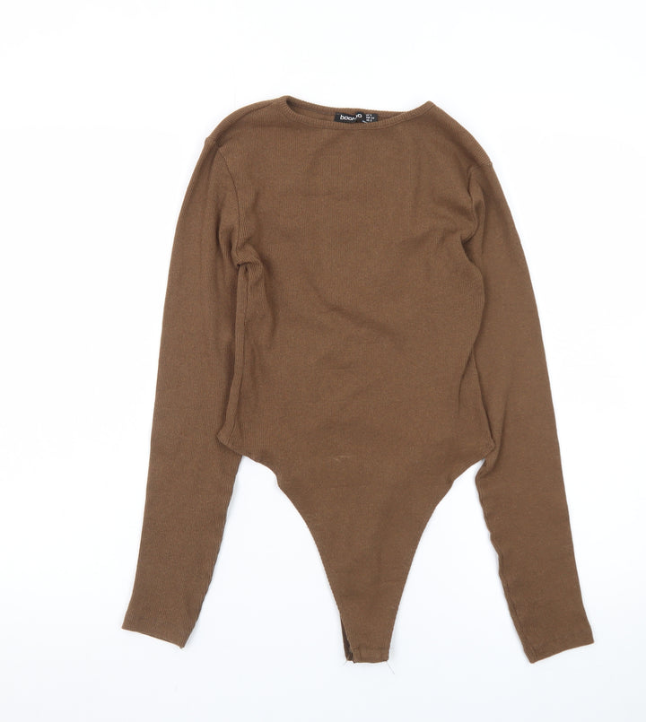 Boohoo Women Brown Long Sleeve Bodysuit UK 6 Slim Fit Cotton Jersey