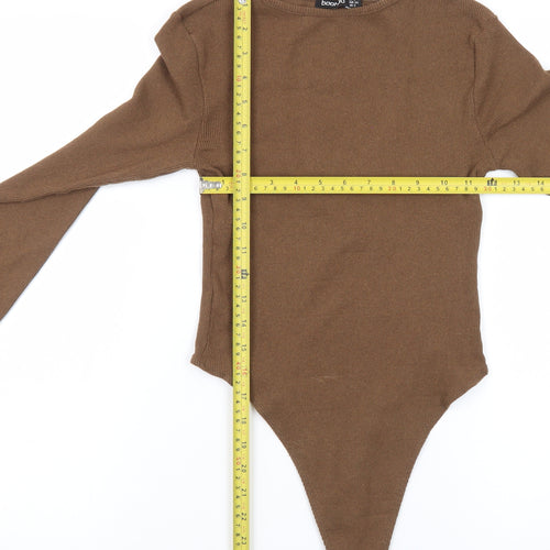 Boohoo Women Brown Long Sleeve Bodysuit UK 6 Slim Fit Cotton Jersey