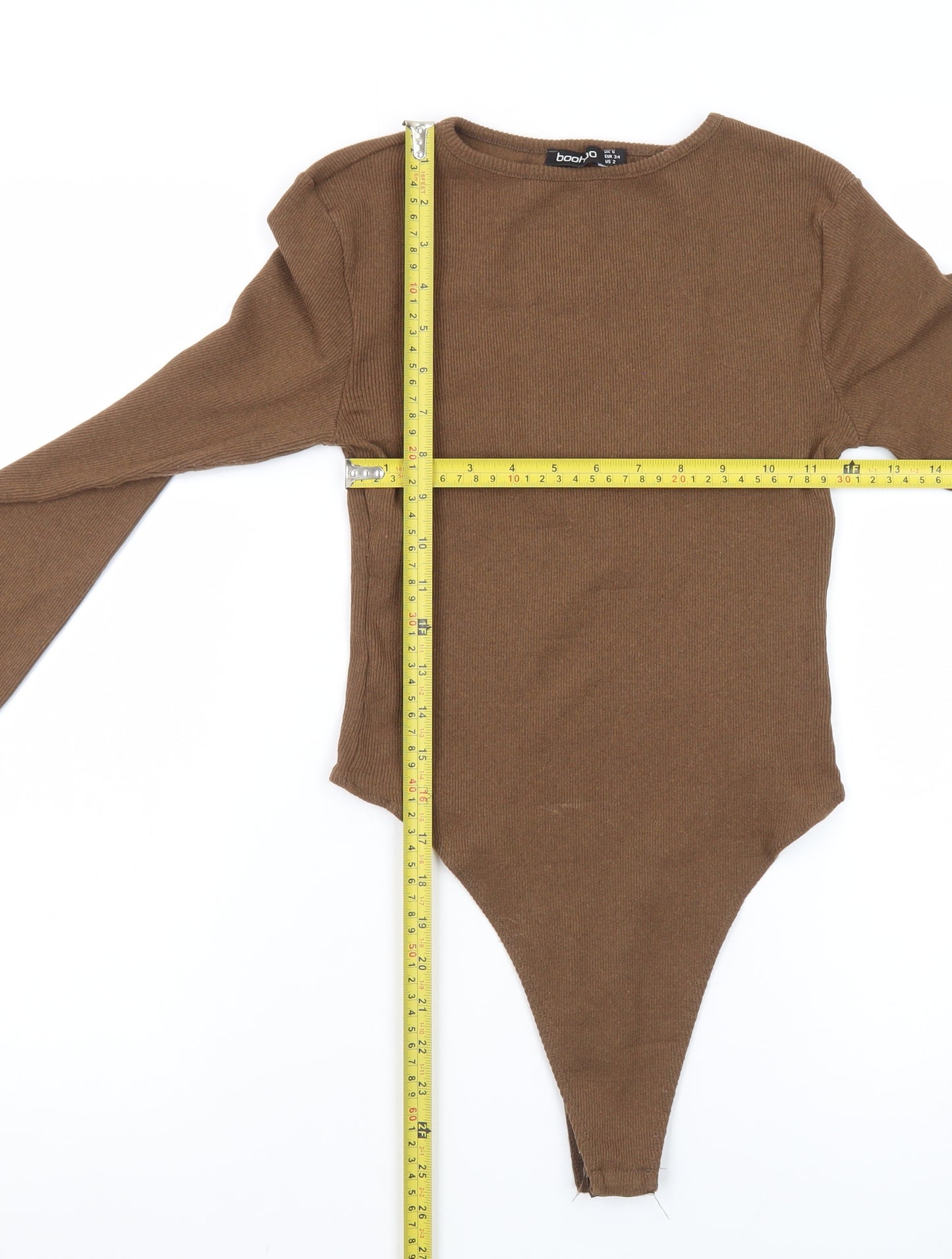 Boohoo Women Brown Long Sleeve Bodysuit UK 6 Slim Fit Cotton Jersey