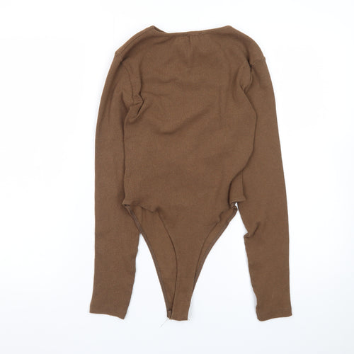 Boohoo Women Brown Long Sleeve Bodysuit UK 6 Slim Fit Cotton Jersey
