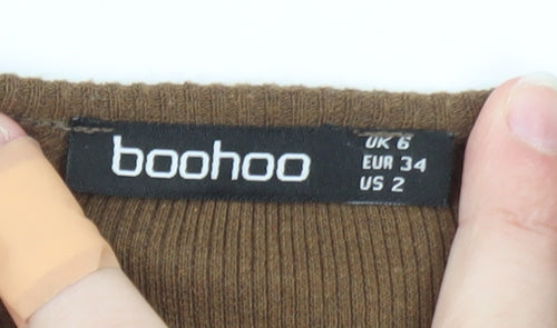 Boohoo Women Brown Long Sleeve Bodysuit UK 6 Slim Fit Cotton Jersey