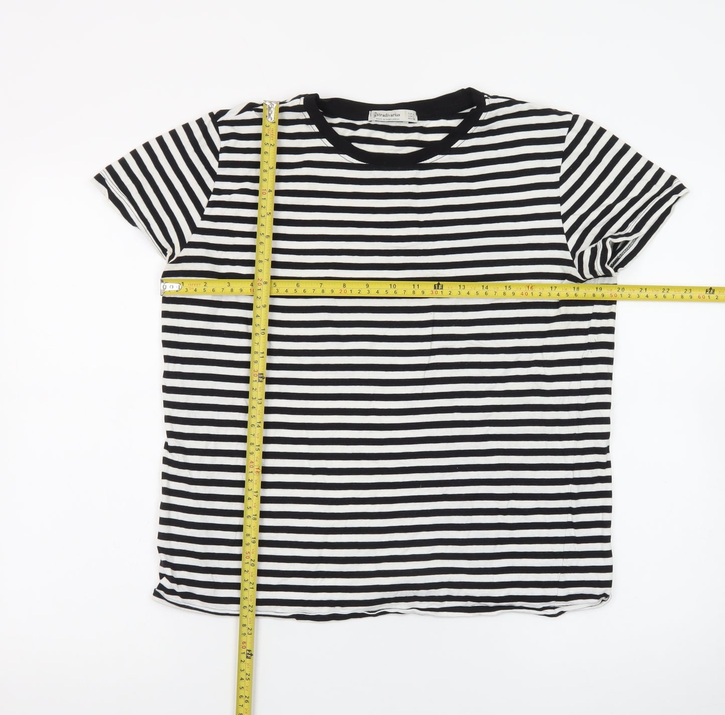 Stradivarius Women's Black Striped Cotton T-Shirt Size 14