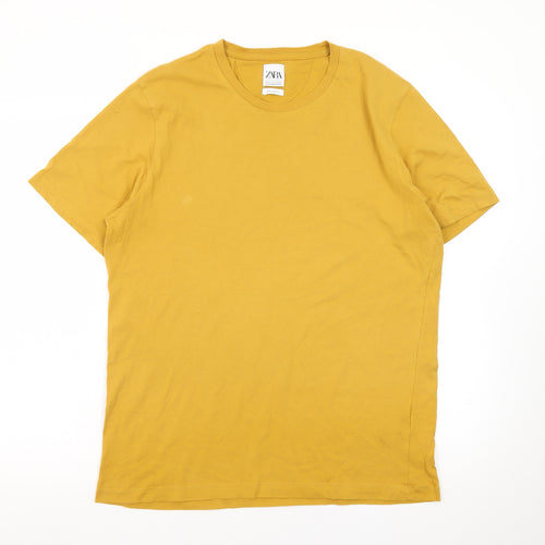 Zara Men Yellow Regular Fit Cotton Crew Neck Short Sleeve T-Shirt L