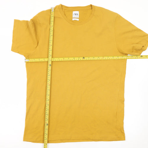 Zara Men Yellow Regular Fit Cotton Crew Neck Short Sleeve T-Shirt L