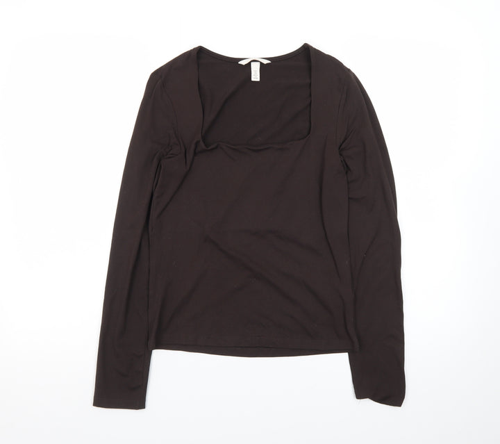 H&M Women's Black Long Sleeve Square Neck Cotton Jersey Top Size 8