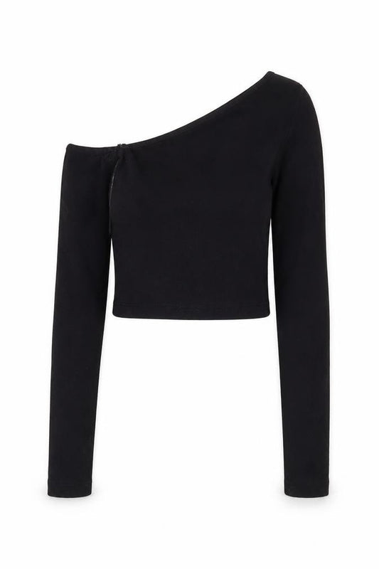 Front view of Stradivarius Women's Black One Shoulder Cropped Top XS