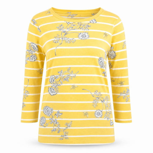 Bonmarché Womens Yellow Floral Stripe 3/4 Sleeve Boat Neck T-Shirt Size 10