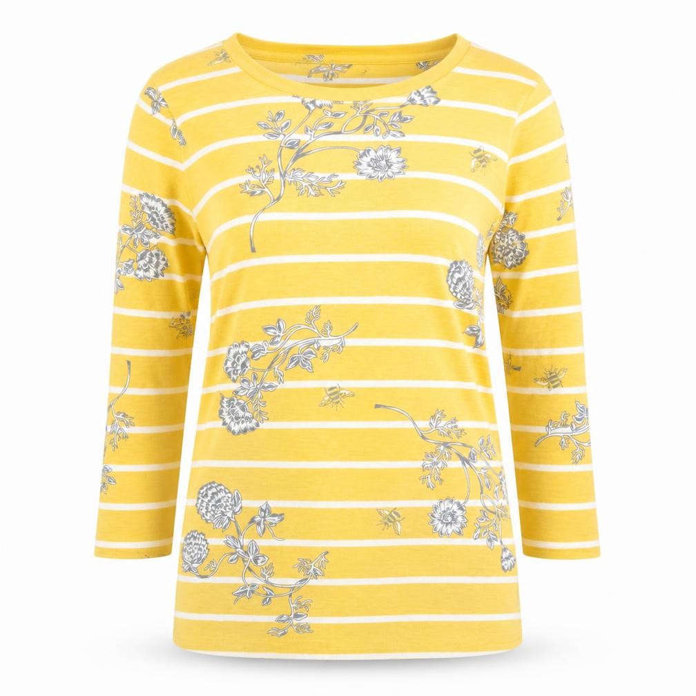 Bonmarché Womens Yellow Floral Stripe 3/4 Sleeve Boat Neck T-Shirt Size 10